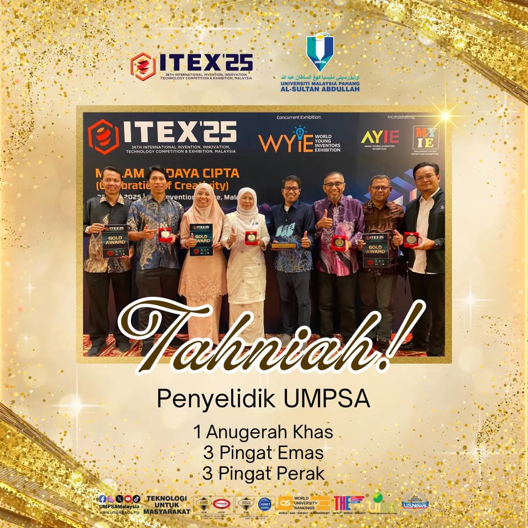 Setinggi-tinggi Tahniah diucapkan kepada Prof. Madya Dr. Abdul Syukor Abd Razak dan Prof. Madya Dr. Nadzirah Mohd Mokhtar yang menerima Pingat Emas dan Perak dalam ITEX 2025 bertempat di KLCC Convention Centre, Kuala Lumpur pada 31 Mei 2025
